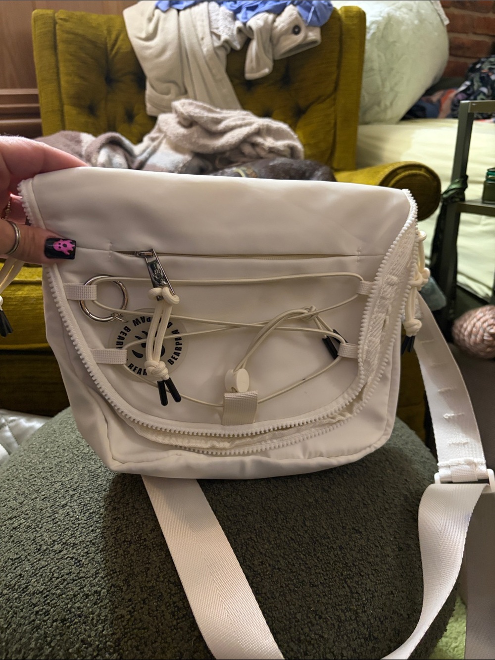 Source Unknown White Crossbody Utility Bag with Bungee Detail